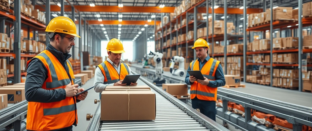 Ein dynamisches Logistikzentrum mit Mitarbeitern in Sicherheitswesten, die Pakete auf automatisierten Förderbändern sortieren und mit Tablets in einem hochmodernen Lager interagieren. Im Hintergrund sind Roboter und stapelwarende Regalsysteme zu sehen, die die Effizienz moderner Lieferketten symbolisieren.