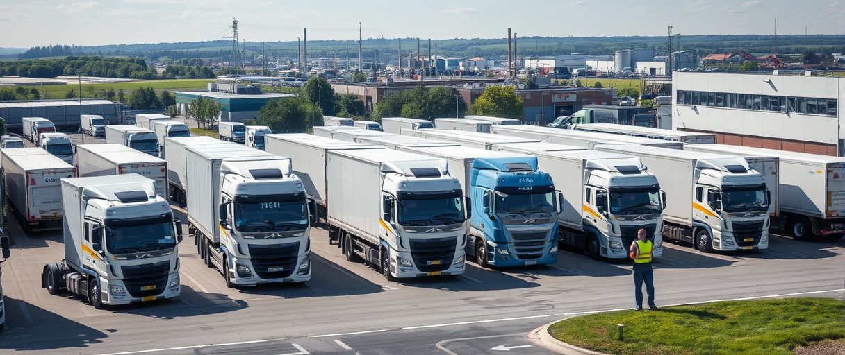Das Bild zeigt ein modernes Logistikzentrum in Mülheim an der Ruhr mit LKWs im Hof und Mitarbeitenden in Sicherheitswesten, die Ware organisieren. Im Hintergrund sind Industriegebäude und ein Ausschnitt der städtischen Umgebung mit grünen Landschaftselementen zu erkennen.