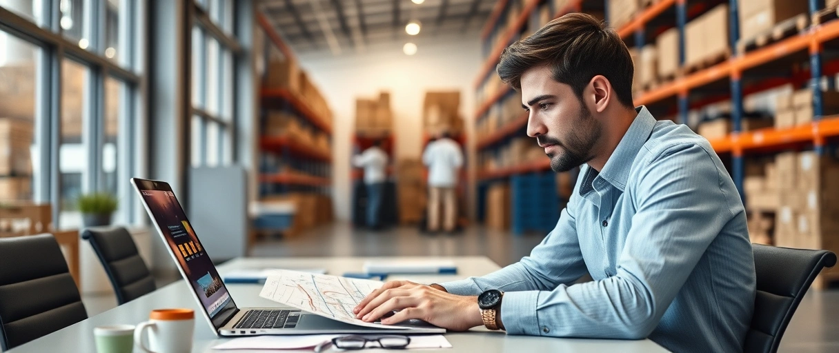 Ein Logistik-Sachbearbeiter arbeitet konzentriert an einem Laptop in einem modernen Büro, umgeben von Ordnerstapeln und einem Plan mit Lieferrouten. Im Hintergrund ist ein Lager mit Regalreihen und einem Gabelstapler zu sehen, der die praktische Umsetzung der Logistikprozesse verdeutlicht.