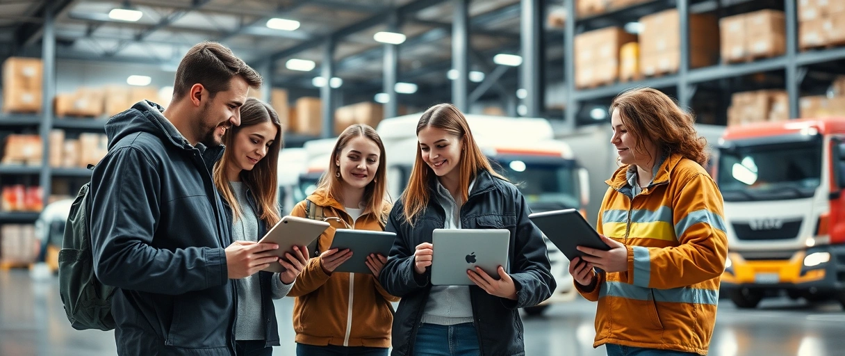 Ein dynamisches Bild zeigt junge Berufseinsteiger in einer modernen Logistikumgebung, die mit Tablets und Laptops vor einem Hintergrund aus Lagerregalen und Transportfahrzeugen interagieren, während ein Mentor die Gruppe begleitet. Die Szene vermittelt praxisnahes Lernen und Karrierestart durch abwechslungsreiche Aufgaben und Technologien der digitalen Supply Chain.
