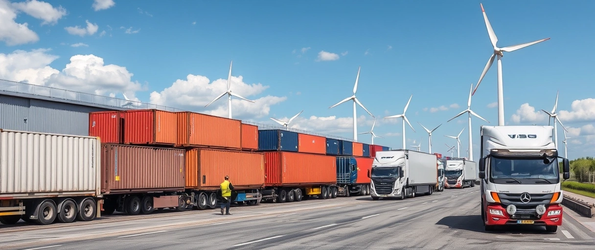 Ein dynamisches Logistikzentrum mit Lastwagen, Frachtcontainern, Arbeitern in Sicherheitswesten, elektrischen Lieferfahrzeugen und Windrädern im Hintergrund, das Wachstum und Nachhaltigkeit im deutschen Transportsektor symbolisiert.