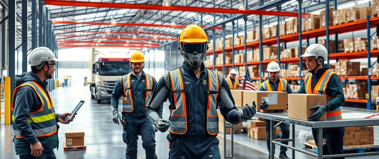 Ein dynamisches Bild einer modernen Lagerhalle mit Mitarbeitern in Sicherheitsausrüstung, die neben autonomen Robotern arbeiten, während Förderbänder und Pakete den geschäftigen Arbeitsalltag in der Logistikbranche symbolisieren. Im Hintergrund sind LKWs und Lagerregale zu sehen, die Effizienz und globale Vernetzung unterstreichen.