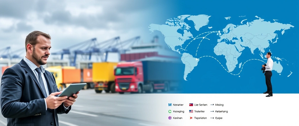 Ein dynamisches Bild zeigt einen Business-Mitarbeiter mit Tablet vor einem Logistikzentrum, während im Hintergrund LKWs und ein Schiff Container verladen. Auf der anderen Seite des Bildes diskutiert ein Verkäufer mit einem Kunden vor einer Weltkarte mit eingezeichneten Handelsrouten.