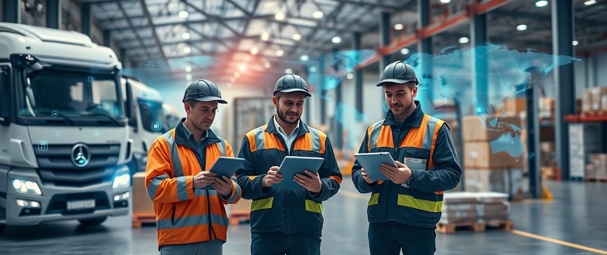 Ein dynamisches, modernes Logistikumfeld zeigt Fachkräfte, die in einem digitalisierten Lager mit Tablets und vernetzten Systemen arbeiten, umgeben von LKWs, Paletten und globalen Lieferkettenvisualisierungen. Die Szene vermittelt Professionalität und Innovation durch fortschrittliche Technologien und effiziente Arbeitsprozesse.