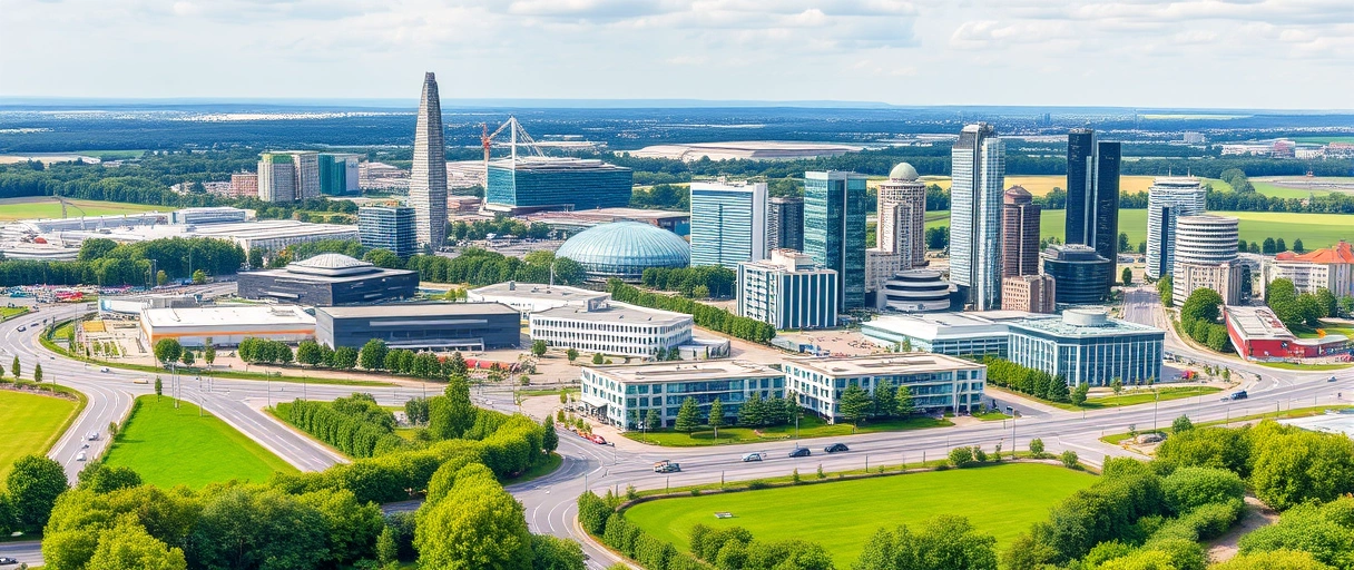 Ein Panorama der Nürnberger Skyline mit hervorgehobenen Verkehrsknotenpunkten, Lagerhallen und Lkw-Verkehr, umgeben von grünen Flächen als Symbol für Nachhaltigkeit. Im Vordergrund sind moderne Logistikzentren und stilisierte globale Firmengebäude zu sehen, die Innovation und wirtschaftliche Dynamik verkörpern.