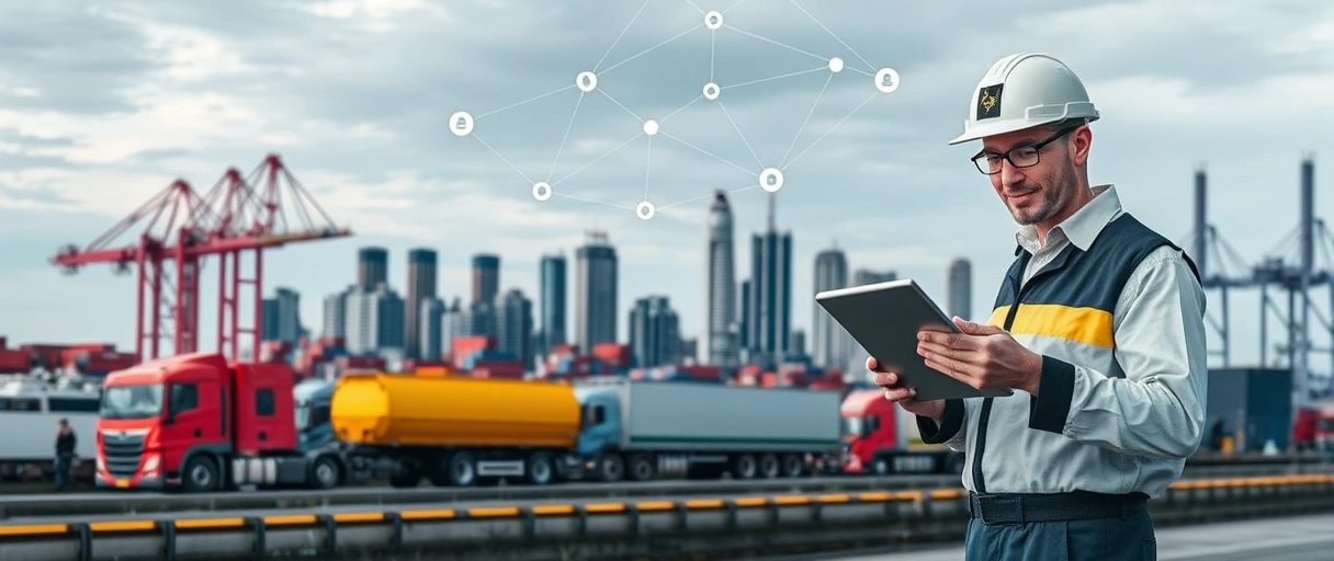 Ein Bild zeigt die Hamburger Skyline mit Hafenkränen und Containern im Vordergrund, dazu Logistikzentren mit LKWs und einem professionellen Logistikmeister, der mit einem Tablet vor einem modernen Industriegebäude interagiert. Im Hintergrund sind symbolisch vernetzte Lieferketten und innovative Technologien angedeutet.