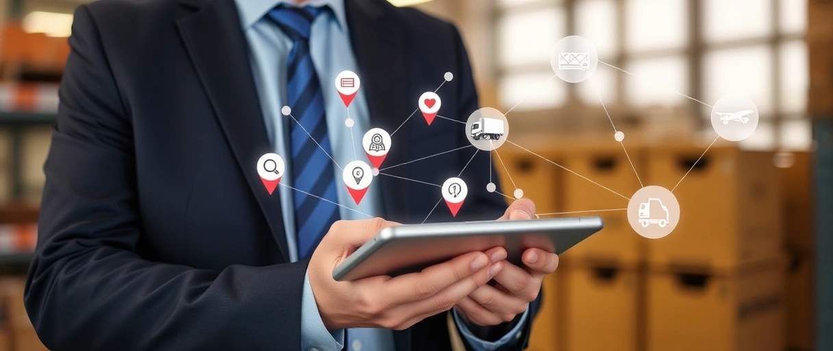 Ein professionell gekleideter Logistikmeister betrachtet auf einem Tablet eine digitale Karte mit Standortmarkern, umgeben von Symbolen wie LKWs und Lagerhallen. Ein Netzwerk aus Verbindungen und ein zufriedener Gesichtsausdruck unterstreichen die erfolgreiche Jobsuche in der Nähe.