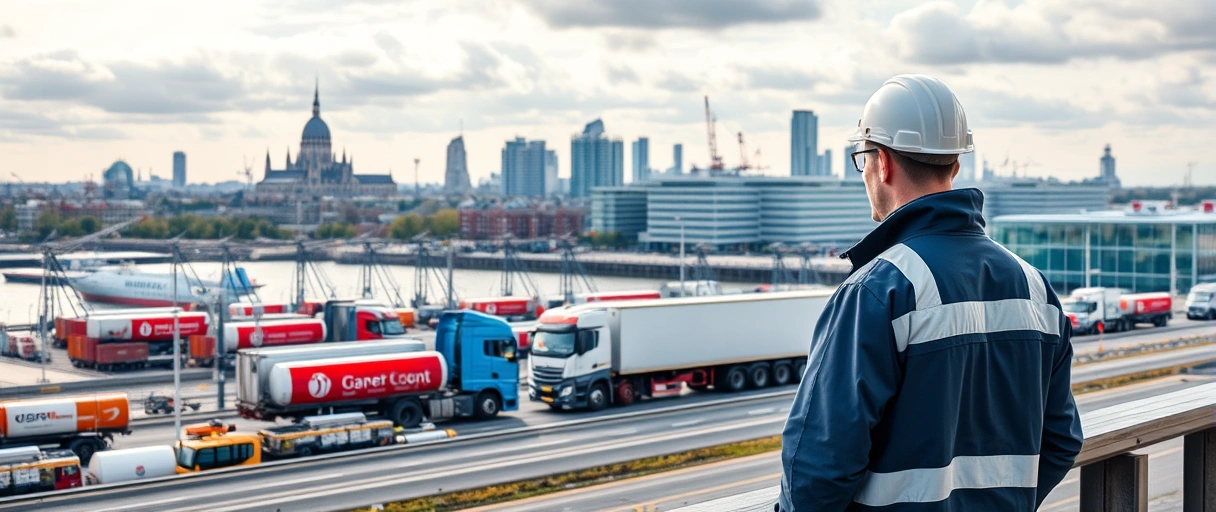 Ein Panorama der Kölner Skyline mit Dom, im Vordergrund ein Hafen mit Kränen und LKWs, während ein Logistikmeister mit Bewerbungsmappe auf ein modernes Logistikzentrum zugeht. Dynamische Arbeitsatmosphäre mit vernetzten Transportmitteln symbolisiert Karrierechancen in der Branche.