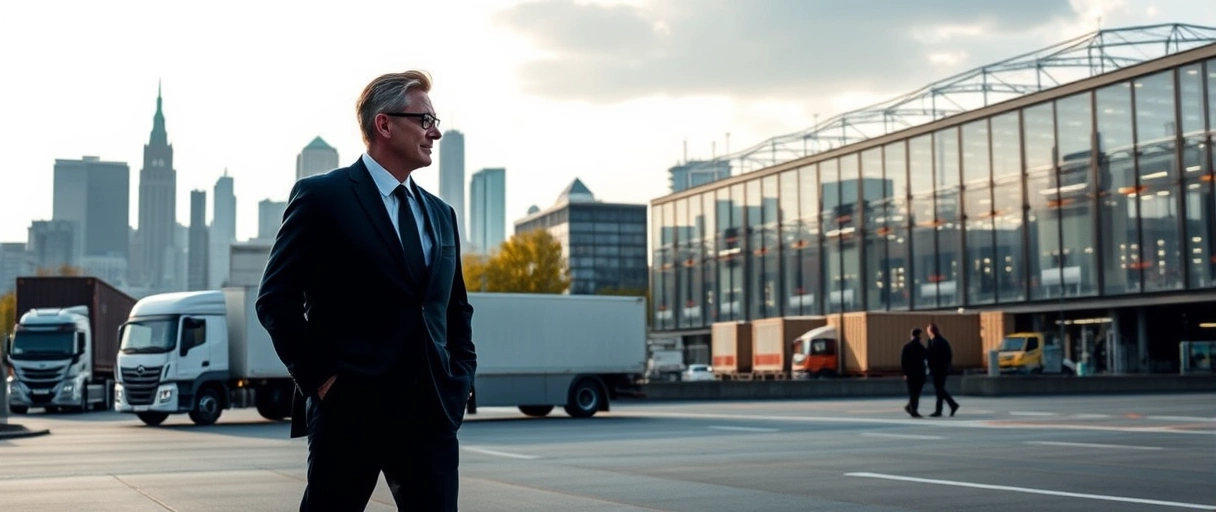 Ein dynamisches Bild zeigt die Münchner Skyline mit Logistik-Symbolen wie LKWs, Lagerhallen und vernetzten Lieferketten, während eine Führungskraft im Vordergrund ein Team in einem modernen Industriegebäude koordiniert. Die Szene verbindet urbane Präsenz mit effizienter Organisation.