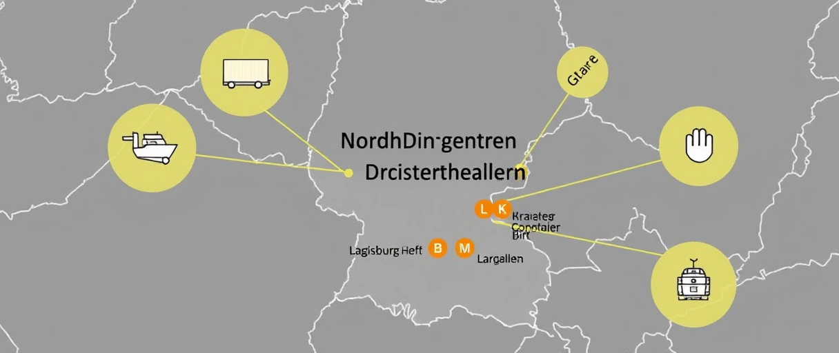 Eine detaillierte Karte von Nordrhein-Westfalen mit hervorgehobenen Logistikzentren wie dem Duisburger Hafen, umgeben von Symbolen für Transportmittel (Lkw, Züge, Schiffe) und Lagerhallen. Infrastruktur-Elemente wie Container, Kräne und vernetzte Lieferketten visualisieren die dynamische Logistikbranche der Region.