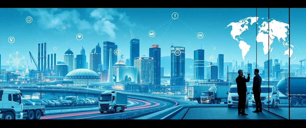 Ein dynamisches Stadtbild Stuttgarts mit industriellen Wahrzeichen und Transportnetzwerken, während Fachkräfte in einem modernen Büro Logistikprozesse an digitalen Planungstools koordinieren. Symbole wie Lkws, Lagerhallen und globale Lieferketten visualisieren die vielfältigen Karrieremöglichkeiten in der Branche.