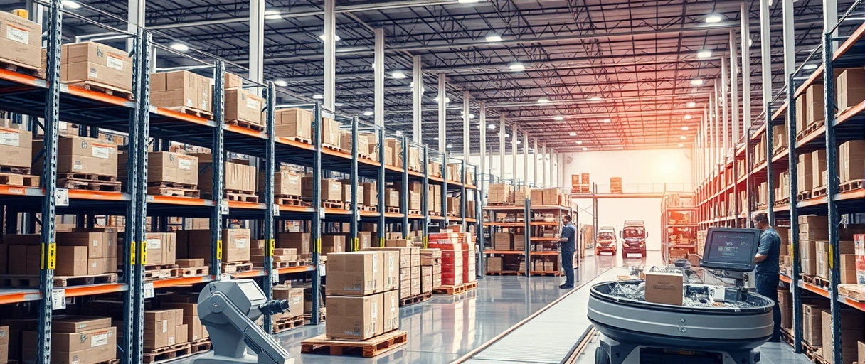 Ein modernes Logistikzentrum mit automatisierten Regalsystemen, Robotern auf Förderbändern und Mitarbeitern in Sicherheitswesten, die in einem hellen, organisierten Lagerraum zusammenarbeiten, während Pakete im Hintergrund verladen werden.