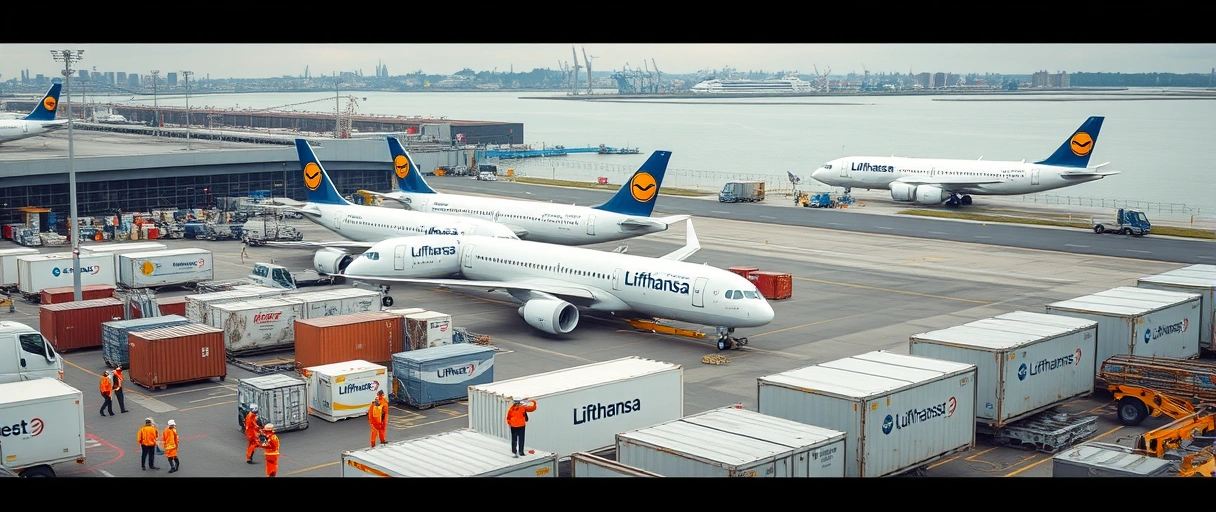 Ein dynamisches Flughafenareal in Hamburg mit Lufthansa-Frachtflugzeugen, Logistikcontainern und Mitarbeitenden in orangefarbener Arbeitskleidung, die Frachtprozesse koordinieren – im Hintergrund der Hafen mit Kränen und der Elbe. Die Szene vermittelt moderne Luftfrachtlogistik in einer maritimen Metropole.