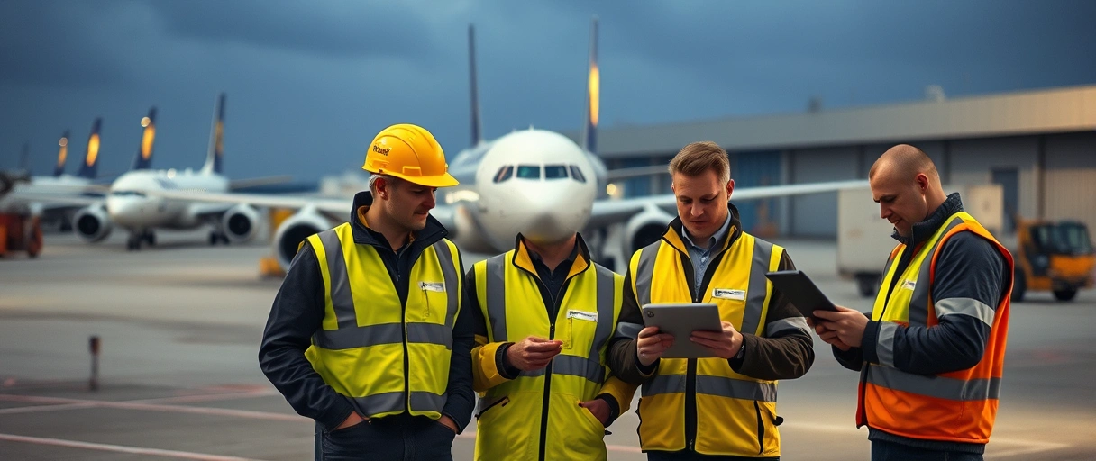 Ein dynamisches Lagerumfeld mit Lufthansa-Flugzeugen im Hintergrund, in dem Mitarbeitende in Sicherheitskleidung Fracht organisieren, sowie Angestellte mit Tablets in einer modernen Logistikzentrale koordinieren. Die Szenerie betont Teamarbeit, technische Ausstattung und globale Lieferkettenprozesse.