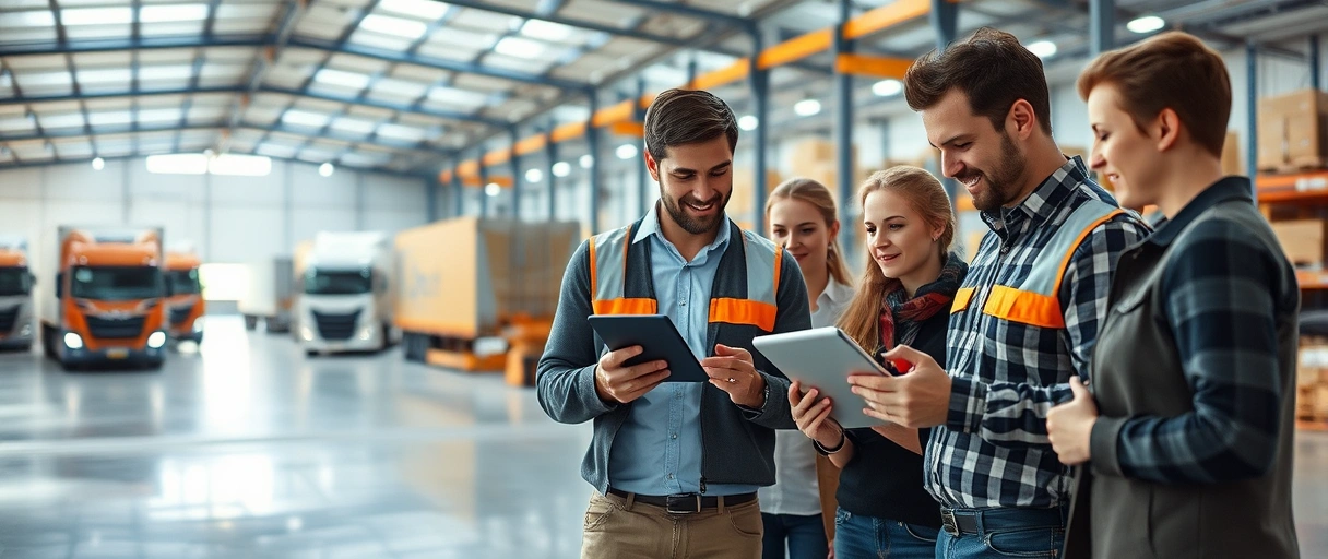 Ein dynamisches Team arbeitet in einer modernen Lagerhalle mit digitalen Tablets, während im Hintergrund ein organisiertes Logistikzentrum mit LKWs und Technologie zu sehen ist. Die Szene vermittelt Innovation und Zusammenarbeit in einer zukunftsorientierten Branche.