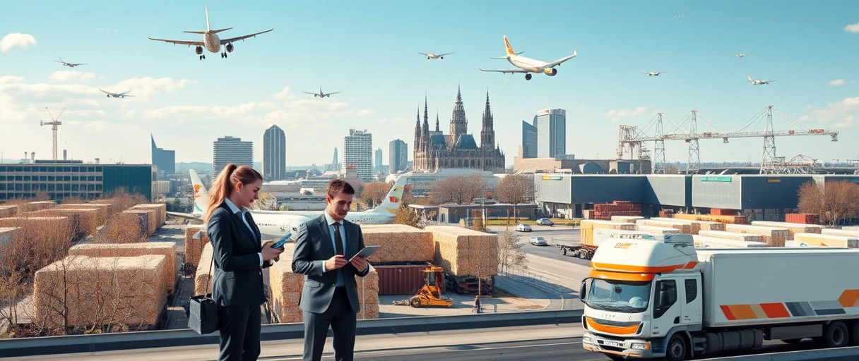 Ein dynamisches Bild zeigt die Münchener Skyline mit Frachtflugzeugen, LKWs und Schienenverkehr im Vordergrund, umgeben von professionellen Personen in Businesskleidung, die mit Tablets und Dokumenten interagieren. Im Hintergrund sind moderne Lagerhallen und ein Netzwerk aus Transportwegen zu sehen, die die pulsierende Logistikbranche der Stadt symbolisieren.