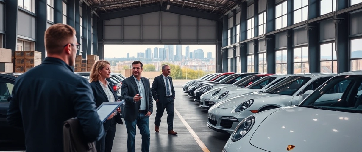 Ein dynamisches Team koordiniert Logistikprozesse in einer modernen Lagerhalle mit Porsche-Fahrzeugen, im Hintergrund ist die Skyline von Stuttgart erkennbar. Die professionelle Atmosphäre unterstreicht die innovative Arbeitsumgebung des Unternehmens.