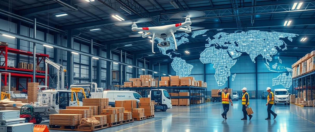 Ein dynamisches Bild zeigt moderne Fabrikhallen mit automatisierten Maschinen, Logistikzentren mit sortierten Paketbändern und Mitarbeitern in Sicherheitskleidung, die globale Lieferketten via digitalen Weltkarten und Technologien wie Drohnen symbolisieren.