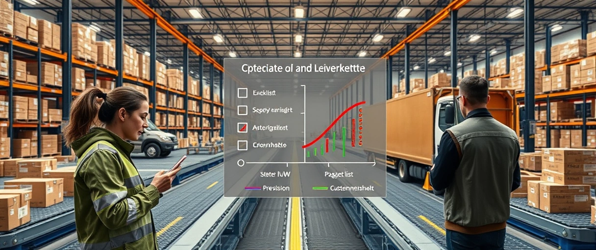 Ein dynamisches Lagerhaus mit Mitarbeitenden, die Prozesse an Tablets überwachen, während Pakete auf automatisierten Förderbändern und LKWs effizient sortiert werden. Im Fokus steht eine Checkliste neben einem Diagramm, das eine optimierte Lieferkette visualisiert, um Präzision und Kundenzufriedenheit zu symbolisieren.
