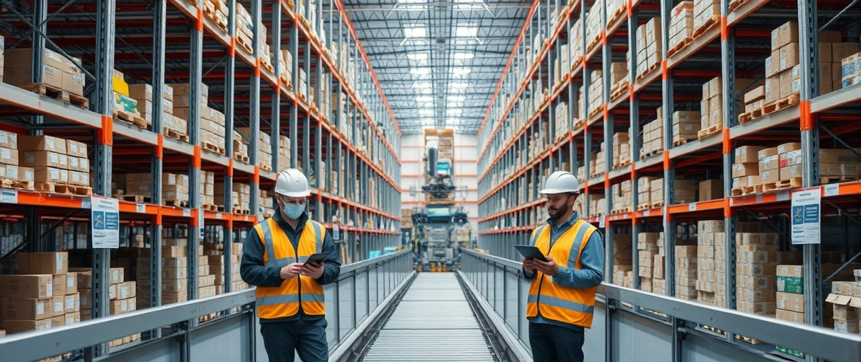 Ein modernes Logistikzentrum mit hohen Regalreihen, automatisierten Förderbändern und Mitarbeitern in Sicherheitsausrüstung, die mit Tablets und an computergesteuerten Systemen arbeiten. Im Hintergrund sind Roboter und digitale Displays zu sehen, die eine effiziente Warenbewegung in einer hochtechnisierten Umgebung zeigen.