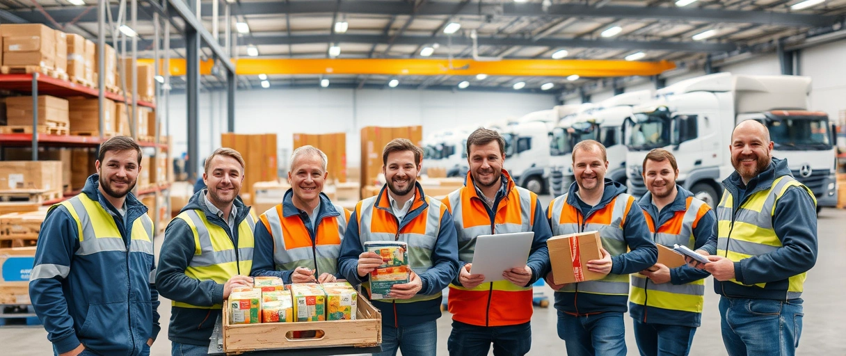 Ein Bild zeigt motivierte Mitarbeiter in einer modernen Lagerhalle von Rudolph Logistik, die im Team Waren organisieren und mit Logistikgeräten arbeiten. Im Hintergrund sind LKWs und eine strukturierte Arbeitsumgebung zu sehen, die Professionalität und Zusammenarbeit betont.