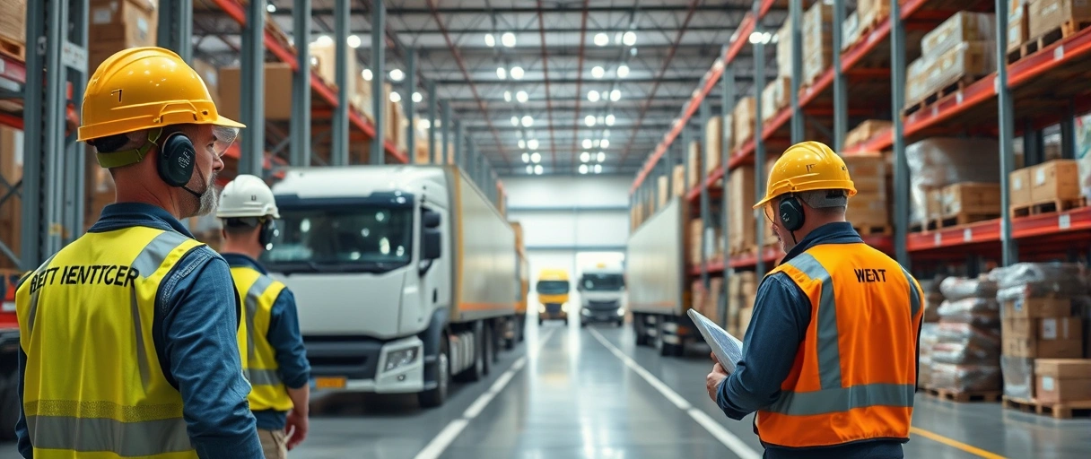 Ein modernes Logistikzentrum mit Mitarbeitern in Sicherheitswesten, die Ware mit Gabelstaplern bewegen und an digitalen Geräten arbeiten. Im Hintergrund werden LKWs beladen, während Teams in Lagerlogistik, Disposition und Transportmanagement koordinieren.