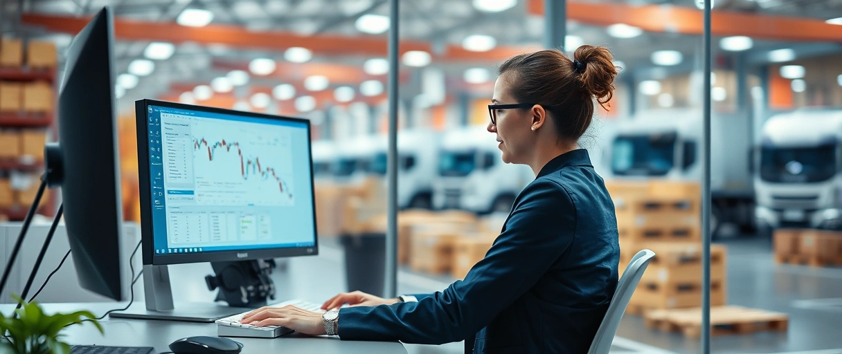 Ein dynamisches Bild zeigt eine Sachbearbeiterin in einem Logistikbüro, die am Computer Lieferpläne koordiniert, während im Hintergrund ein Lager mit Paletten und LKWs sichtbar ist. Die Szene verbindet digitale Planungstools mit praktischer Umsetzung, um die vielseitige Rolle im Logistikbereich zu veranschaulichen.
