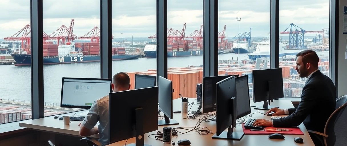 Ein modernes Büro mit Blick auf den Hamburger Hafen, wo Mitarbeiter an Computern arbeiten, während im Hintergrund Container, Schiffe und Kräne die lebhafte Logistikaktivität symbolisieren. Professionelle Kleidung und Arbeitsunterlagen betonen den Sachbearbeiter-Alltag in der dynamischen Hafenmetropole.
