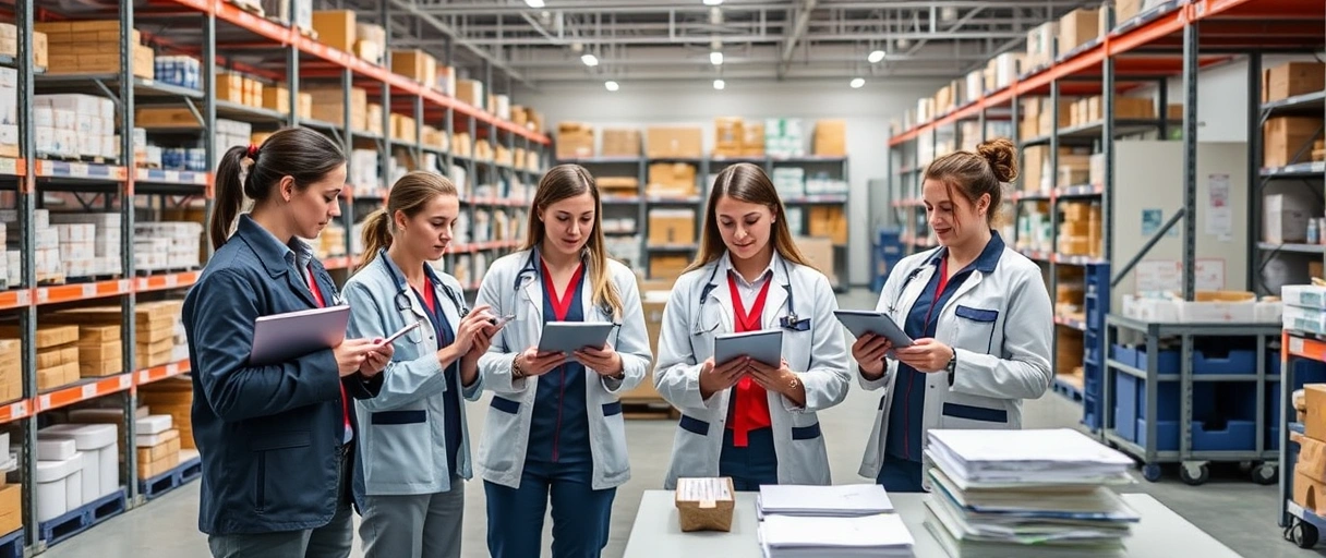 Ein modernes Logistikzentrum der Sana Kliniken, in dem Mitarbeiter:innen in Berufskleidung medizinische Geräte und Materialien organisieren – teamorientiert, dynamisch und mit digitalen Tools wie Tablets. Im Hintergrund sind Regalreihen mit Medikamenten und OP-Bedarf zu sehen.