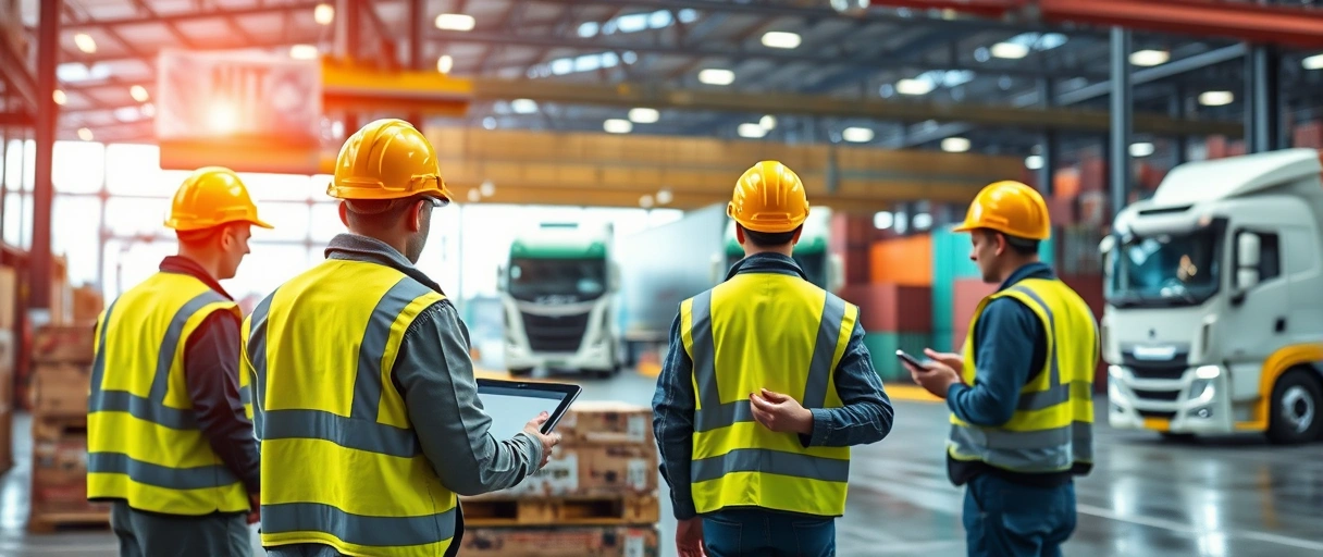 Ein dynamisches Bild einer modernen Logistikzentrale mit Mitarbeitern in Sicherheitswesten, die vor Paletten und digitalen Tablets arbeiten, während im Hintergrund LKWs und nachhaltige Elektrofahrzeuge an einem Containerterminal laden. Im Fokus steht die Vernetzung von Mensch, Technologie und globalen Transportmitteln ohne sichtbare Schriftzüge.