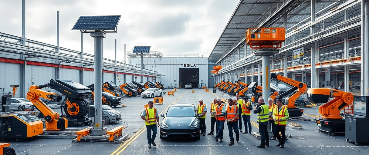 Ein modernes Industriegebäude der Tesla Gigafactory Berlin mit Elektrofahrzeugen, Robotern und automatisierten Logistiksystemen, umgeben von nachhaltigen Energieelementen wie Solarpanels, während Mitarbeitende in Sicherheitskleidung in einem dynamischen Teamumfeld zusammenarbeiten.