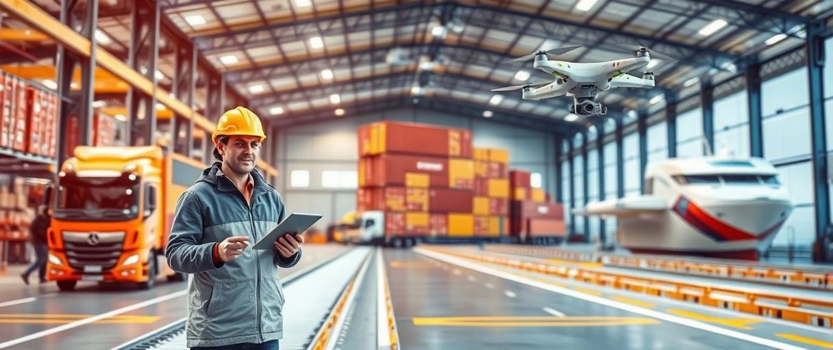 Das Bild zeigt eine moderne Lagerhalle mit automatisierten Förderbändern, Mitarbeitern mit Tablets und im Hintergrund LKWs sowie ein Containerschiff, symbolisierend die dynamische und vielfältige Transport- und Logistikbranche. Eine Fachkraft in Sicherheitsausrüstung überwacht den effizienten Warenfluss, während Drohnen und Roboter die zukunftsorientierten Technologien der Branche unterstreichen.