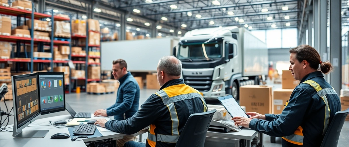 Ein dynamisches Bild zeigt Mitarbeiter in einem modernen Logistikzentrum: Ein Team koordiniert Lieferungen am Computer, während andere Ware mit Gabelstaplern transportieren. Im Hintergrund sind Regalreihen und ein LKW, der beladen wird.