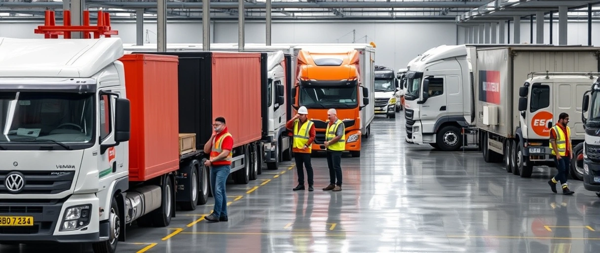 Ein modernes Volkswagen-Lager mit sortierten Fahrzeugteilen, Mitarbeitenden in Sicherheitskleidung bei der Organisation von Lieferketten und Lkw-Transporten im Hintergrund. Die Szene zeigt effiziente Logistikprozesse in einer industriellen Umgebung ohne sichtbare Text- oder Schriftelemente.