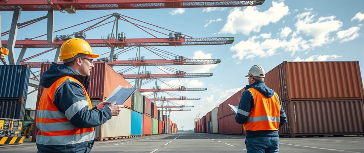 Ein dynamisches Hafen- oder Flughafenumfeld mit Zollbeamten, die Frachtcontainer prüfen, und Logistikmitarbeitern, die Warenströme organisieren – symbolisiert die Schnittstelle zwischen internationalem Handel und behördlicher Abwicklung.