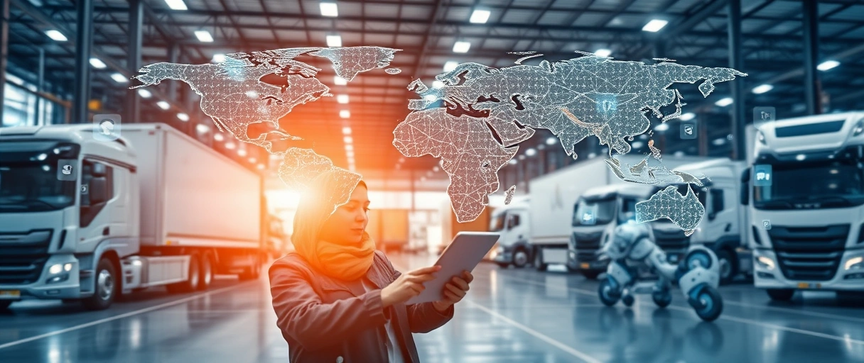 Ein dynamisches Bild zeigt eine Person mit Tablet in einem modernen Lager, umgeben von LKWs, Logistikrobotern und digitalen Netzwerkvisualisierungen, die globale Vernetzung symbolisieren. Die Szene strahlt Innovation und Vielfalt durch eine Mischung aus physischer Infrastruktur und Technologieelementen in professionellen Blau- und Grautönen aus.