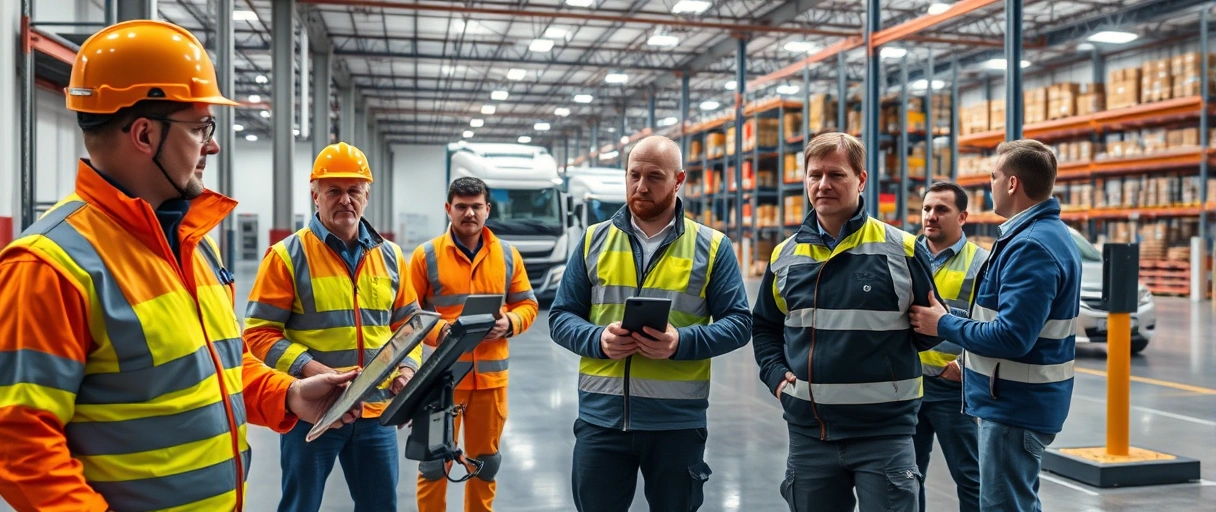 Das Bild zeigt eine dynamische Szene in einem modernen Logistikzentrum: Mitarbeiter in Sicherheitskleidung steuern Gabelstapler, ein Team plant Routen an digitalen Displays, und im Hintergrund sind LKWs sowie ein Lager mit Warenregalen. Die Atmosphäre ist professionell, vielfältig und energiegeladen.