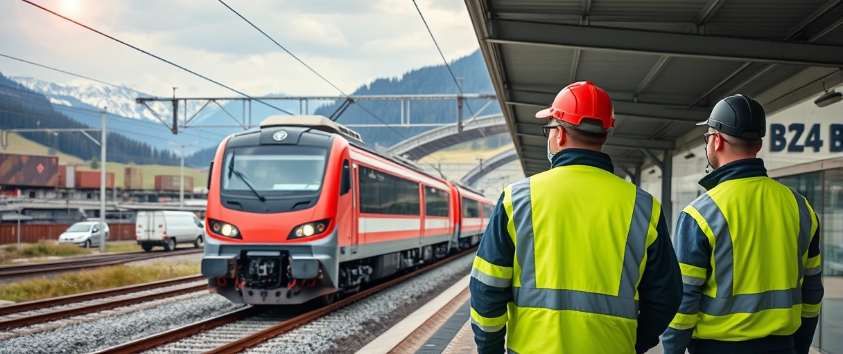 Ein Güterzug der ÖBB Logistik fährt durch eine moderne europäische Landschaft, umgeben von Logistikzentren. Mitarbeiter in Sicherheitskleidung koordinieren den reibungslosen Ablauf der Güterbewegungen mit digitalen Systemen.